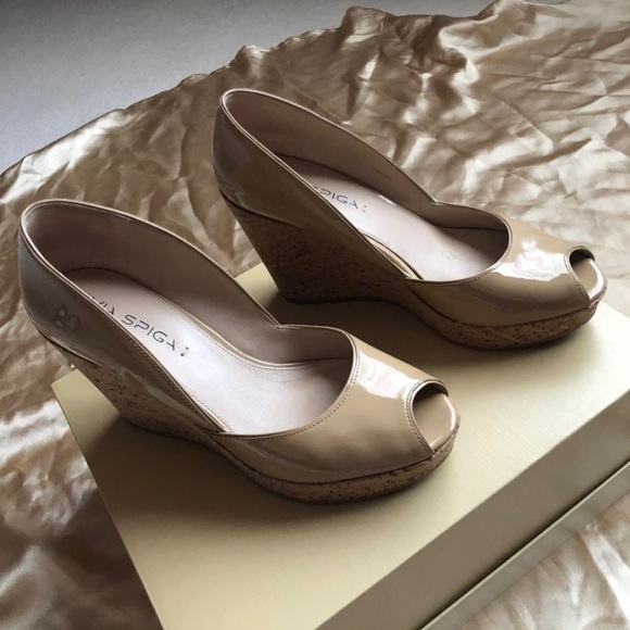 Via Spiga Tan Patent Leather Open Toe Cork Platform Shoes Size 7 - Picture 3 of 4